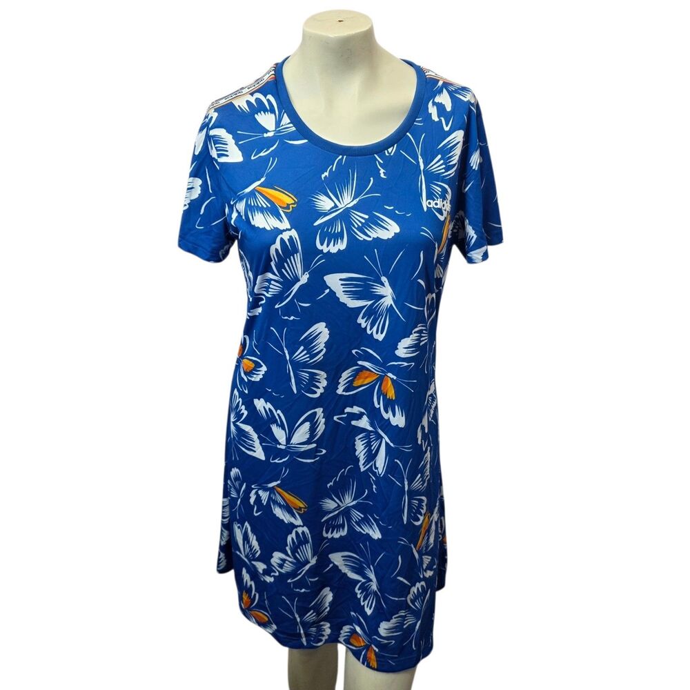 Adidas FARM Rio Butterfly Dress Blue Tee Shirt Dress Logo Stripes L